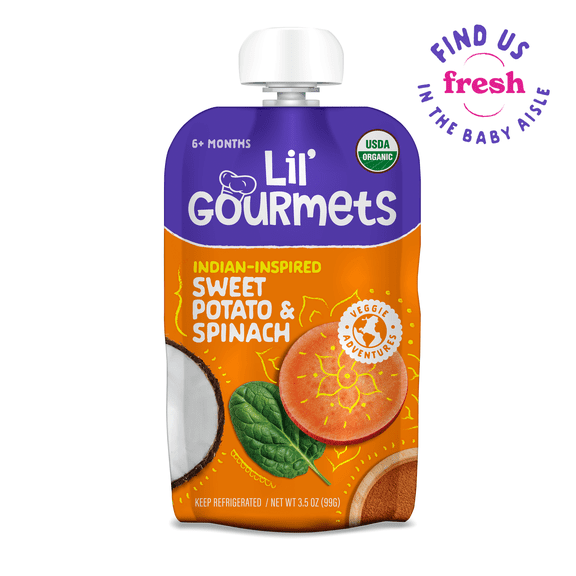 Lil’ Gourmets Refrigerated Stage 2 Baby Food, Indian-Inspired Sweet Potato & Spinach, 3.5 oz Pouch