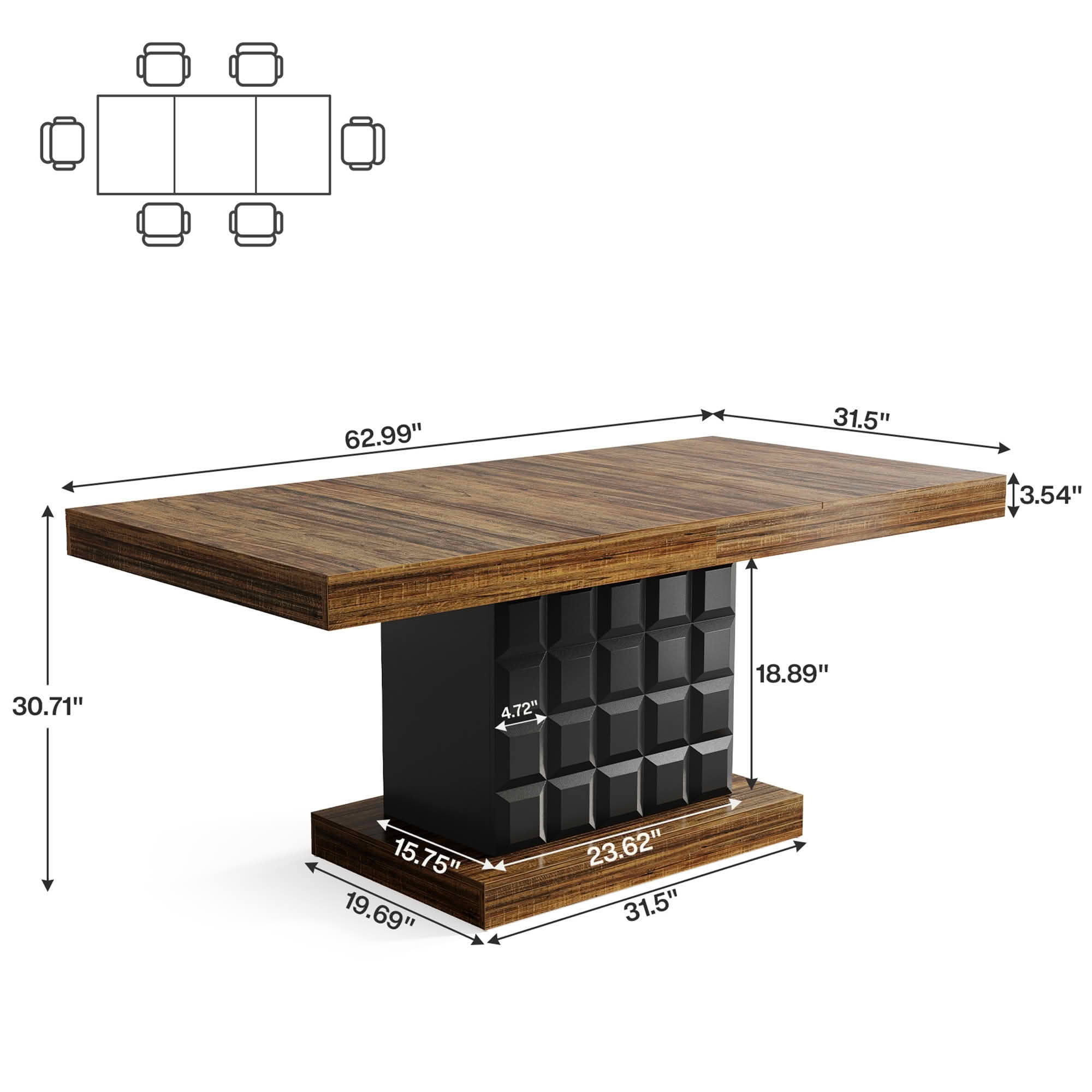 MAYEERTY 63" Modern Geometric Dining Table, Brown MDF Top Cubed Black Base Kitchen Table