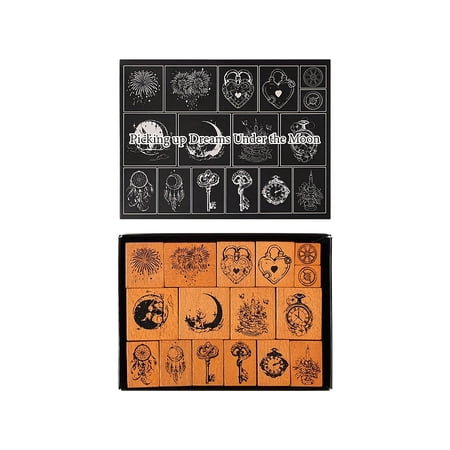 16Pcs Vintage Tale Wooden Stamps Set, Enchanting Designs of Moon Fireworks Keys for Scrapbooking & Crafting, Decorative Rubber Stamps Mixed Colors, Embosser Stamp for Planner & Journal