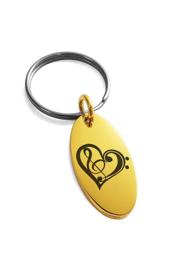 Stainless Steel Treble Bass Clef Heart Engraved Small Oval Charm Keychain Keyring
