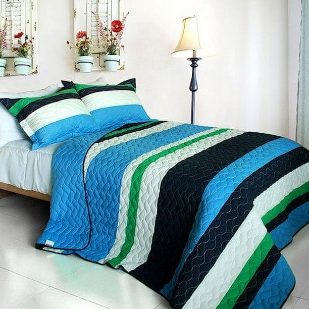 Azul, verde y azul marino a rayas ropa de cama adolescente Full / Queen Juego de edredón colcha moderna