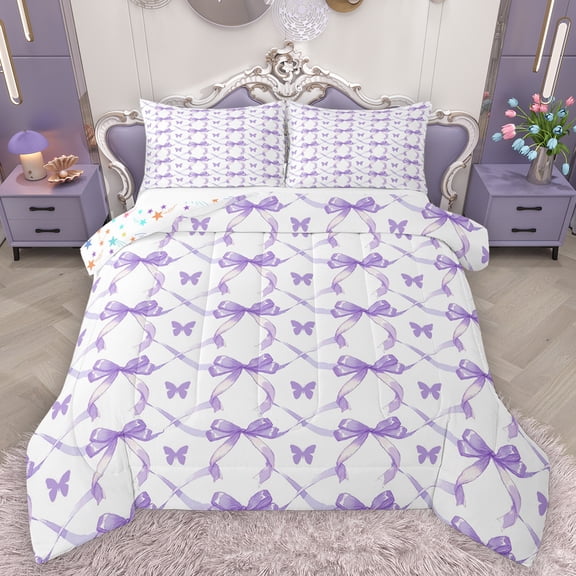 Homewish Princess Bowknot Girl Bedding Comforter Set, Kawaii Pink Butterfly Twin Comforter Sets, Cartoon Ribbon Bow Reversible Bedding Set, Ultra Soft Bedroom Decor, 2 Pieces