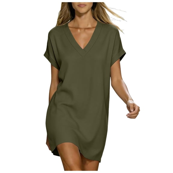 QGJZVUNL Summer Dresses Womens Outfits Boho Short Sleeve V Neck Dress Beach Vacation Clothes Size XL