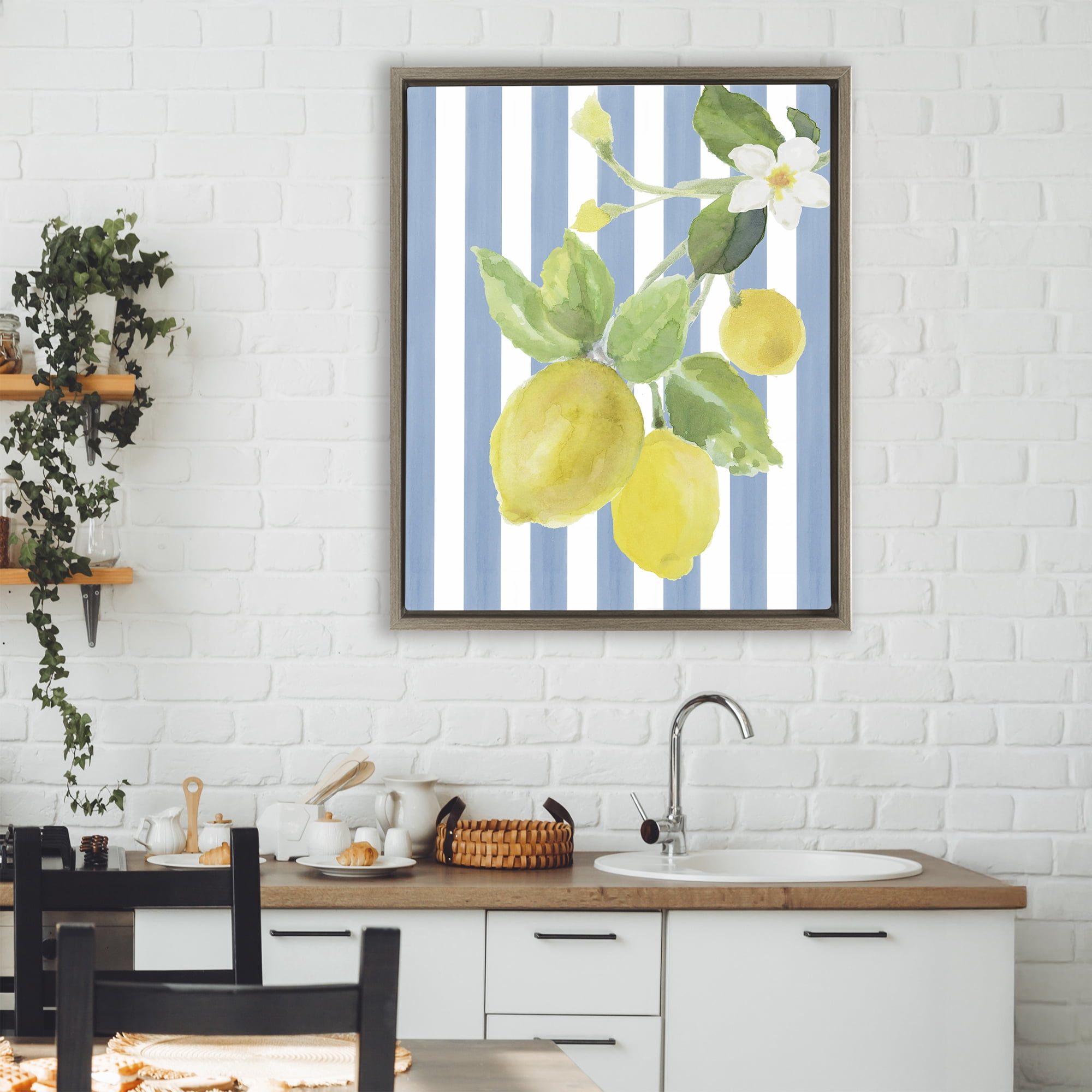 Stupell Industries Lemon Blossom on Blue Stripes Brown Framed Floater Canvas Wall Art, design by Lanie Loreth