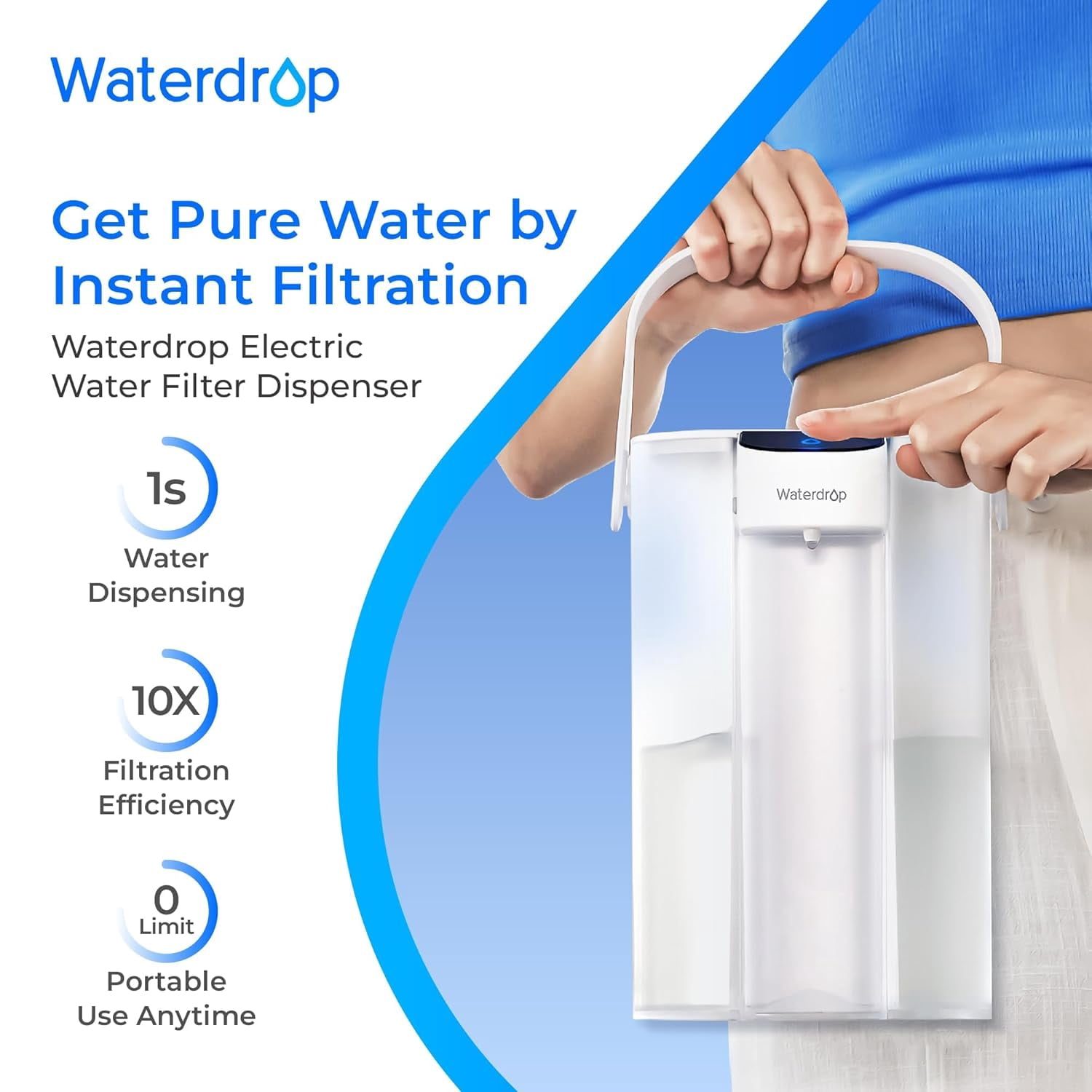 Waterdrop Electric Water Filter Pitcher, Dispenser, 200-Gallon, 5X Times Long-Life Countertop Water Filter System, NSF/ANSI 401&53&42, Reduce Chlorine, Lead, PFAS, 15-Cup, White, with 1 Filter