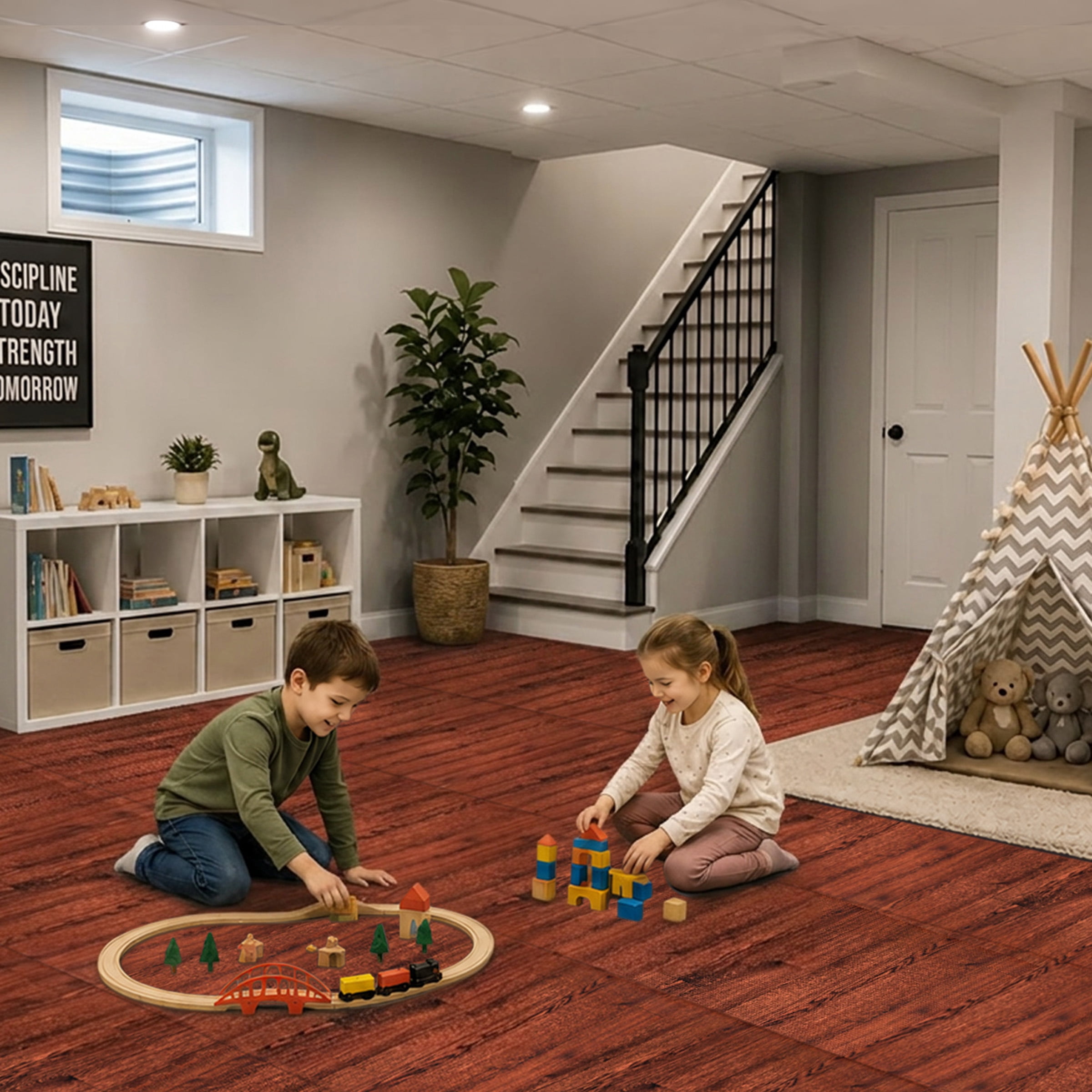 Sorbus Waterproof Wood Grain Foam Floor Tiles, 16 Tiles, 64 Sq Ft, Interlocking, Mahogany