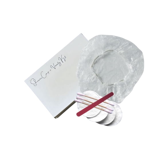 Shower Cap + Vanity Kit (Bamboo Ear Buds + Cotton Pads + Nail File) Guest Bathroom Amenity Premium individual Box packing 50's/ Box