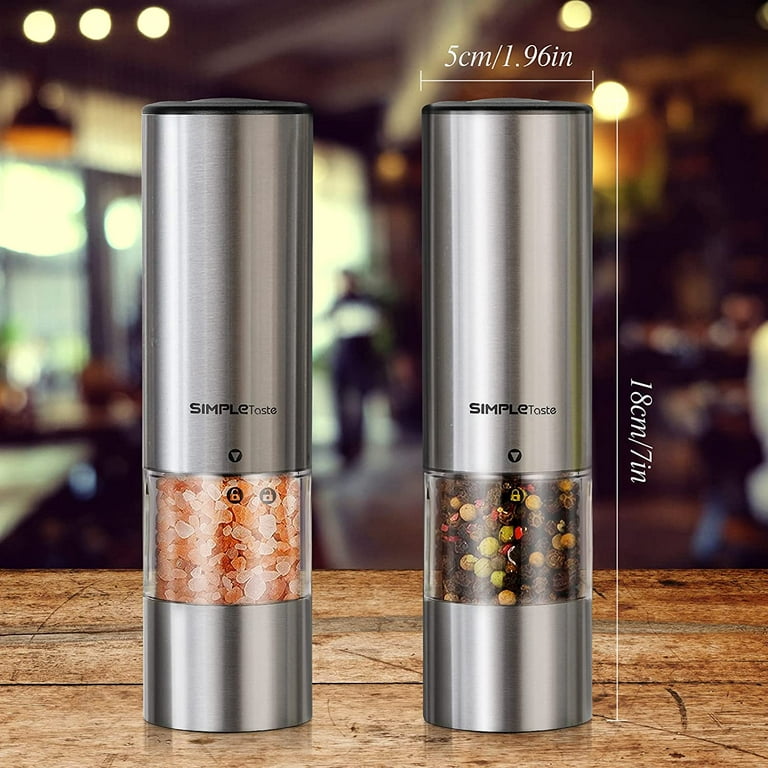Simpletaste Electric Salt and Pepper Grinder Set, Automatic One Handed,Stainless Grinders with Lights and Adjustable Coarseness,Battery Operated
