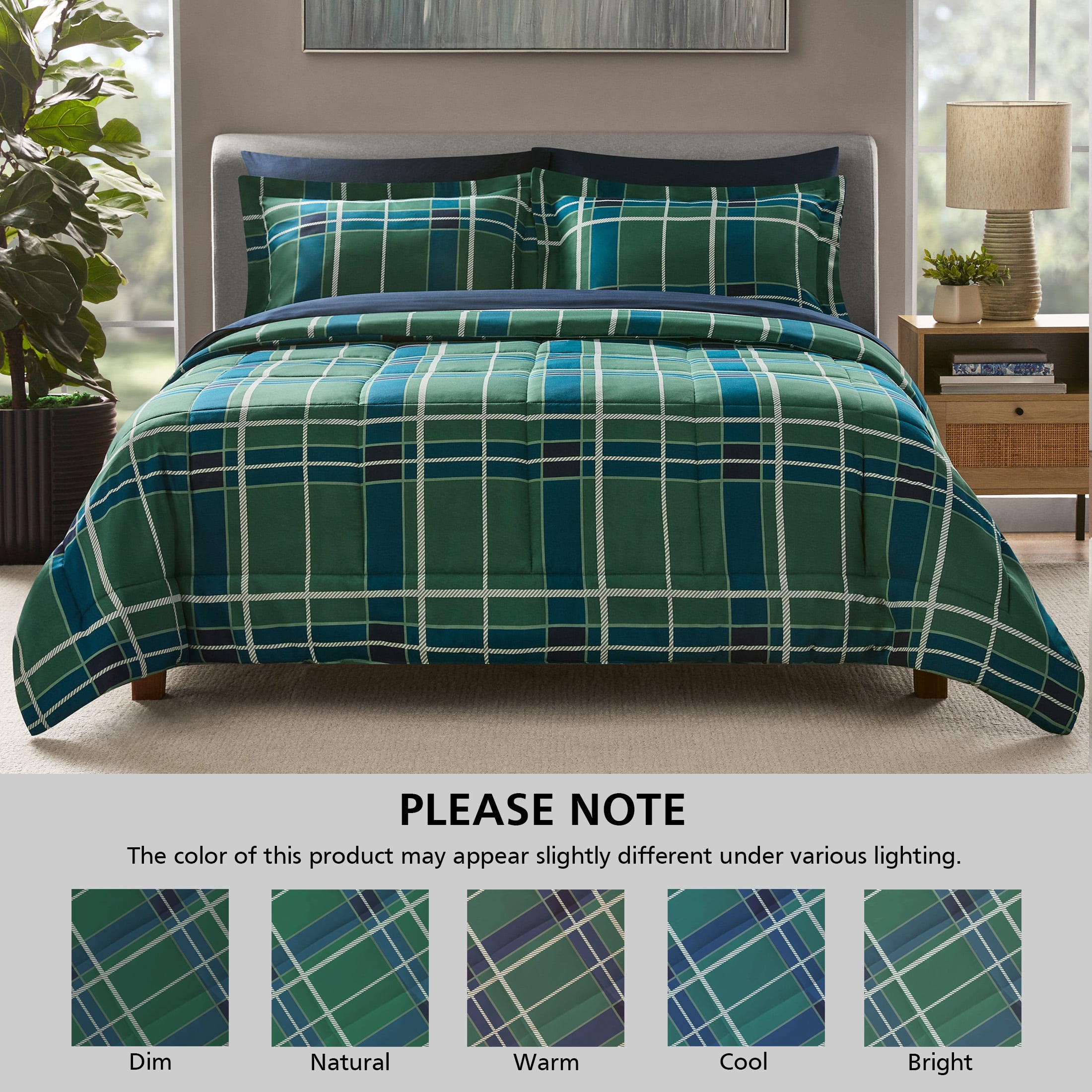Mainstays Bed in a Bag Reversible Comforter Set with Sheets, 7 Piece, Full, Green and Navy Plaid