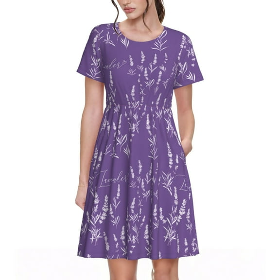 Picia Lavender Flowers Pattern Women's Short Sleeve Summer Dress Pleated Loose Swing Knee Length Short Sleeve Swing Dresses
