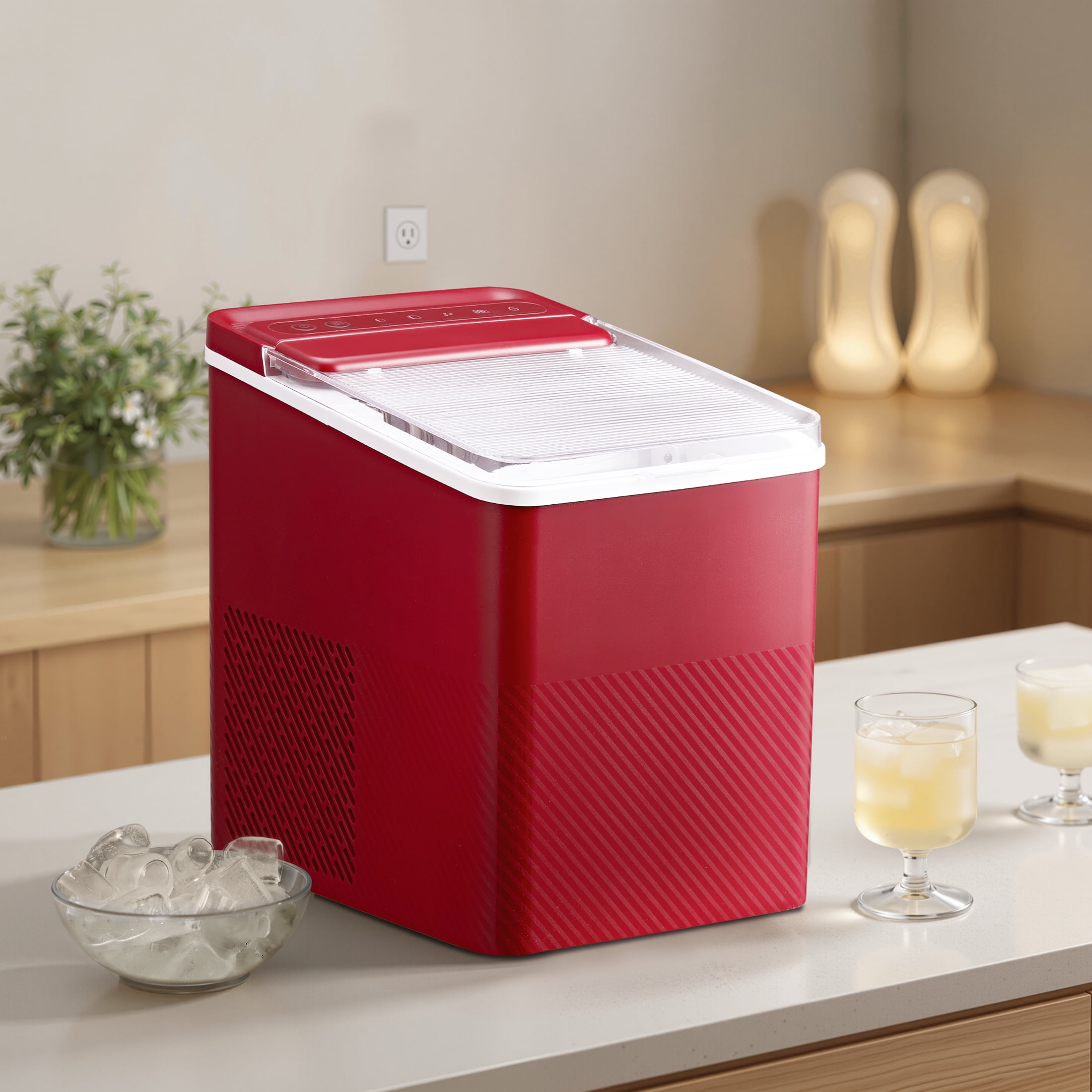 Mainstays Portable Countertop Ice Maker, 26 lbs Per Day, Compact Ice Machine with Quick Ice Cycles, No Plumbing Required, Red