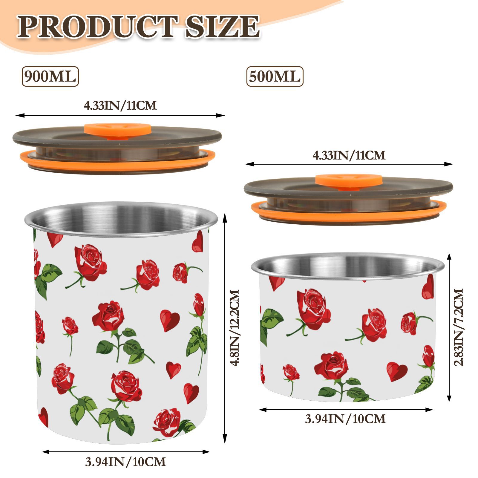 Heart Red Rose Flower Floral Airtight Coffee Bean Canister 30oz Food Storage Containers with Lids For Gournd, Tea, Sugar, Flour, Rice, Cereal, Candy Cookie Jar