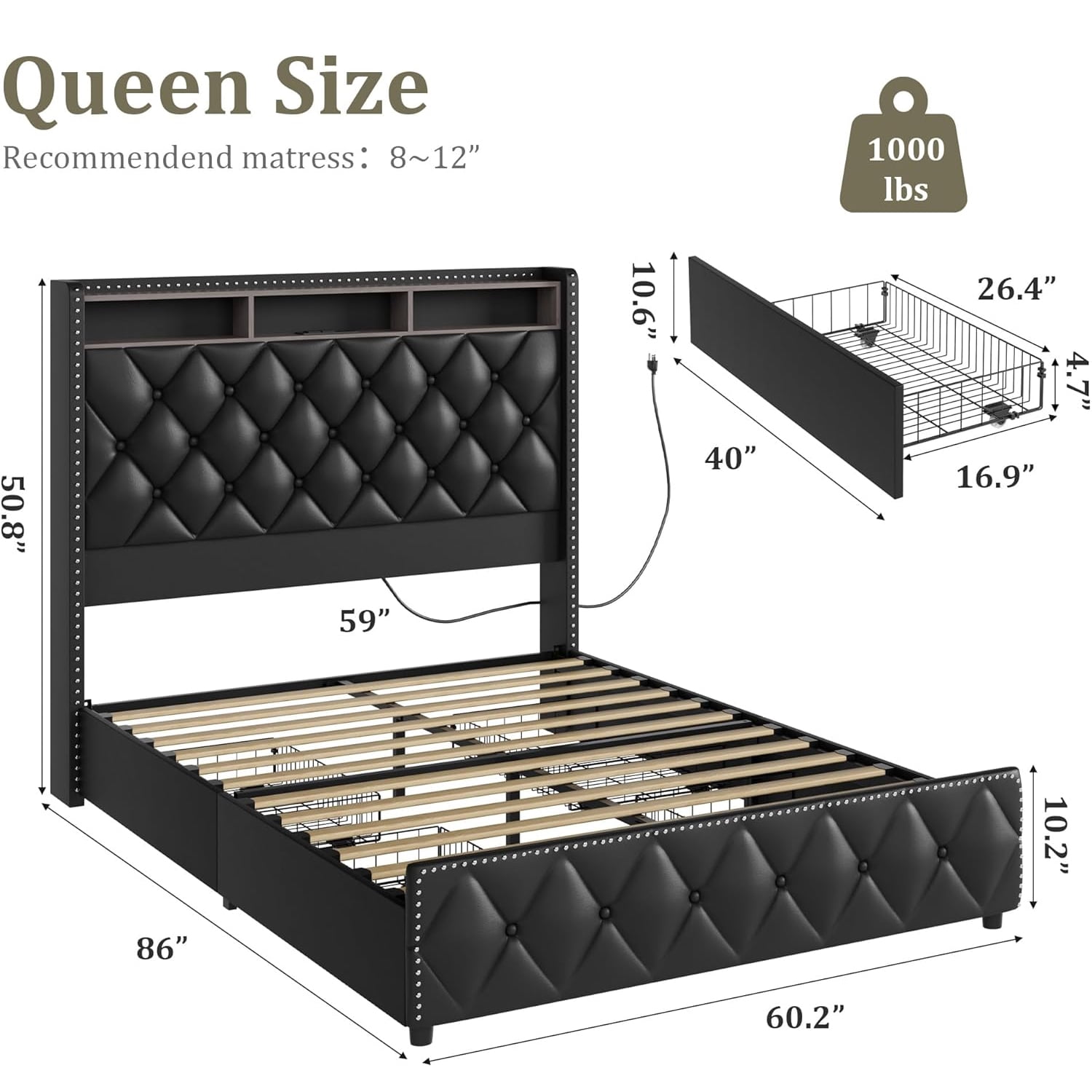 Queen Upholstered Bed Frame with Storage – 50.8" Tall PU Leather Headboard, 4 Drawers, USB Charging Station & RGB LED Lights – No Box Spring Required (Black)