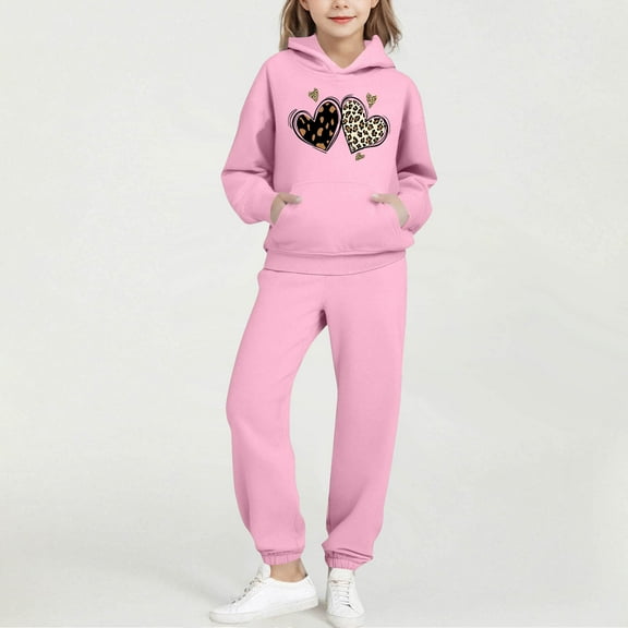 NAISIBABY Kids Girls Sets 2-Piece(2-14T), Long Sleeve Pullover Hoodie and Sweatpant Leopard Graphic Heart Fall Causal Activewear Clothes Pink