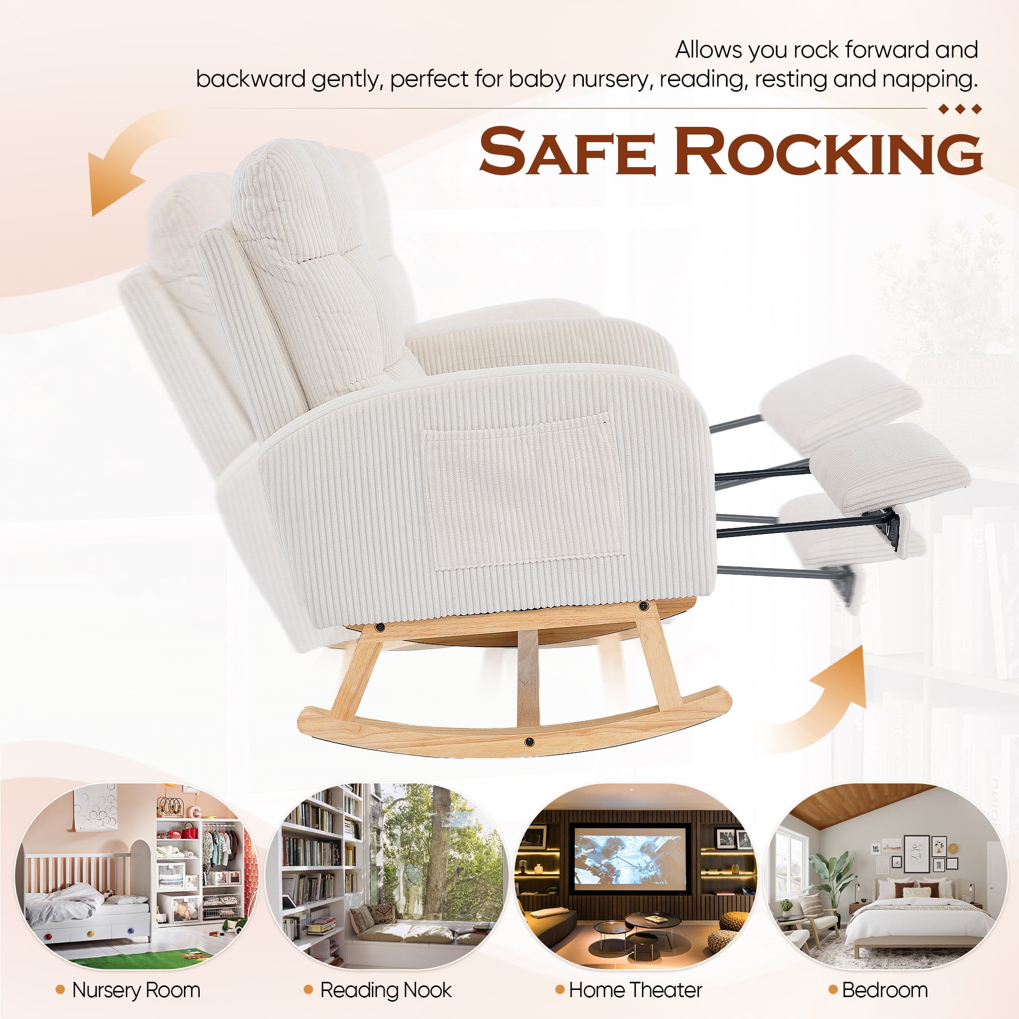 FFH Rocking Chair for Nursey, Rocking Chair with Footrest, Corduroy Armchair with High Backrest and Side Pockets, Accent Chair for Living Room, Bedroom, Beige