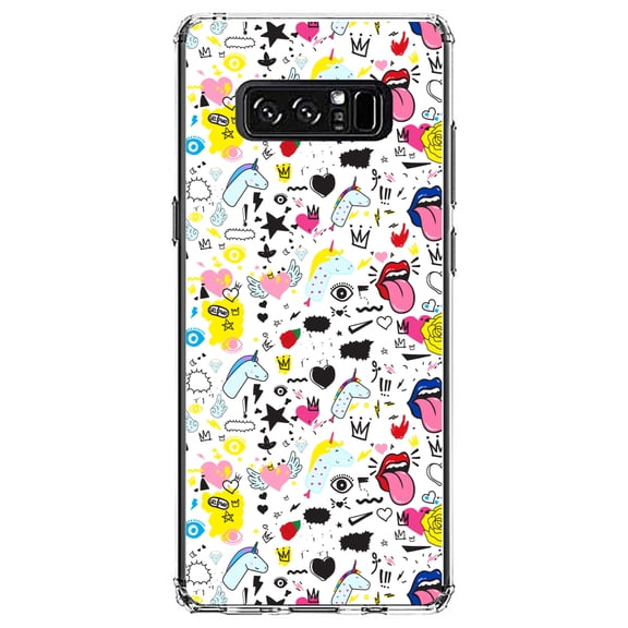 DistinctInk Clear Shockproof Hybrid Case for Samsung Galaxy Note 8 - TPU Bumper, Acrylic Back, Tempered Glass Screen Protector - Girl Power - Unicorn Crowns Loud Mouth