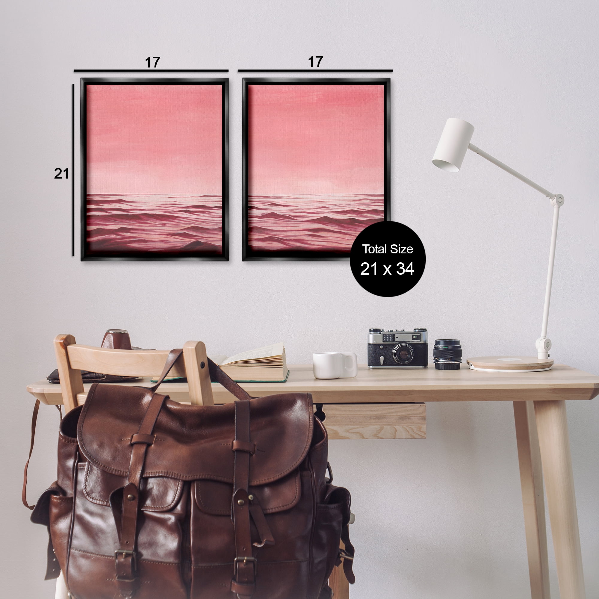 Stupell Industries Pink Calm Seascape Nautical & Beach Painting Black Floater Framed Canvas Art Print Wall Art, 17 x 21, Set of 2