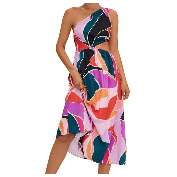 Odeerbi One Shoulder Dresses for Women 2025 Fashion Causual Printing Elegant Strap Lace Up Dress Hot Pink