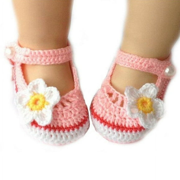 EeaseMX Zapatos de cuna de lana tejidos a mano con diseño de flores de dibujos animados para bebés recién nacidos, niñas y niños pequeños (blanco y rosa)