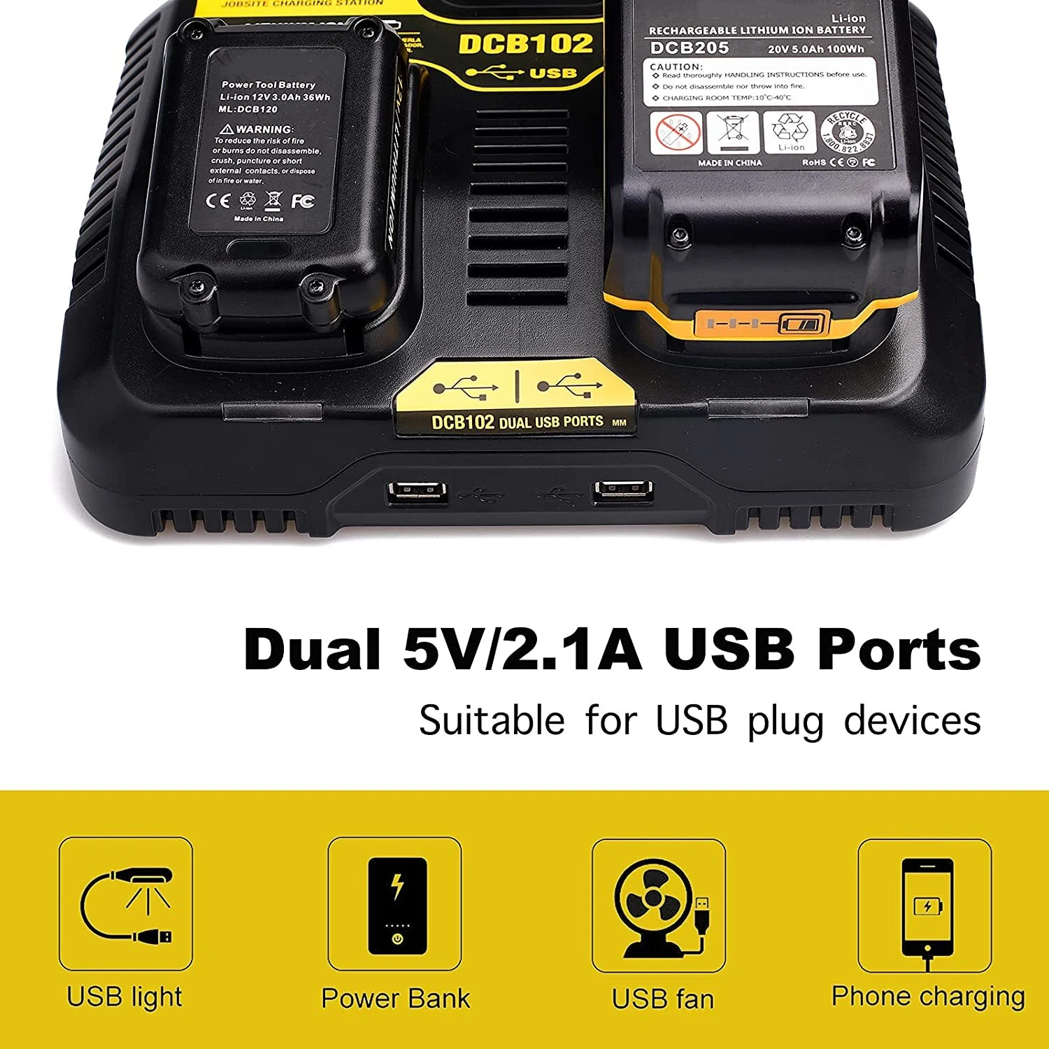 for Dewalt DCB102 20V Li-ion Battery Dual Charger Fast Charger with 2 USB Ports