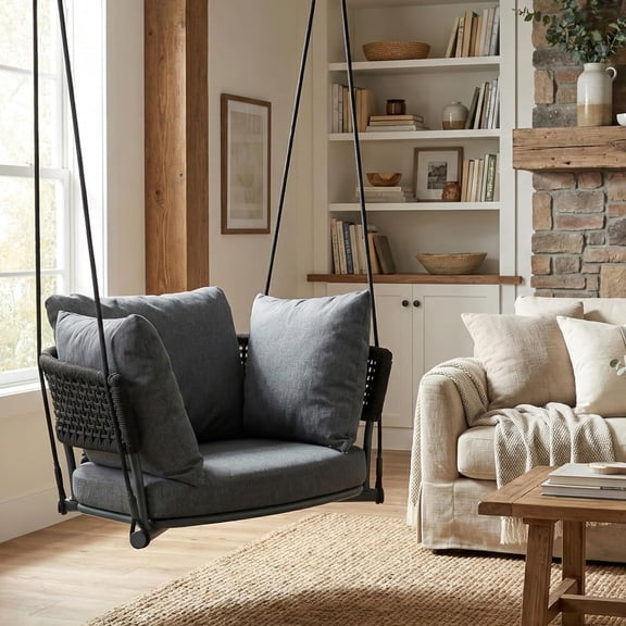 Single Porch Swings Chair with Cushions, Hanging Rope Swing, Hanging Chair for Bedroom, Hammock Chairs Swing Indoor & Outdoor, Macrame Hanging Swinging, Patio, Balcony, Dark Grey