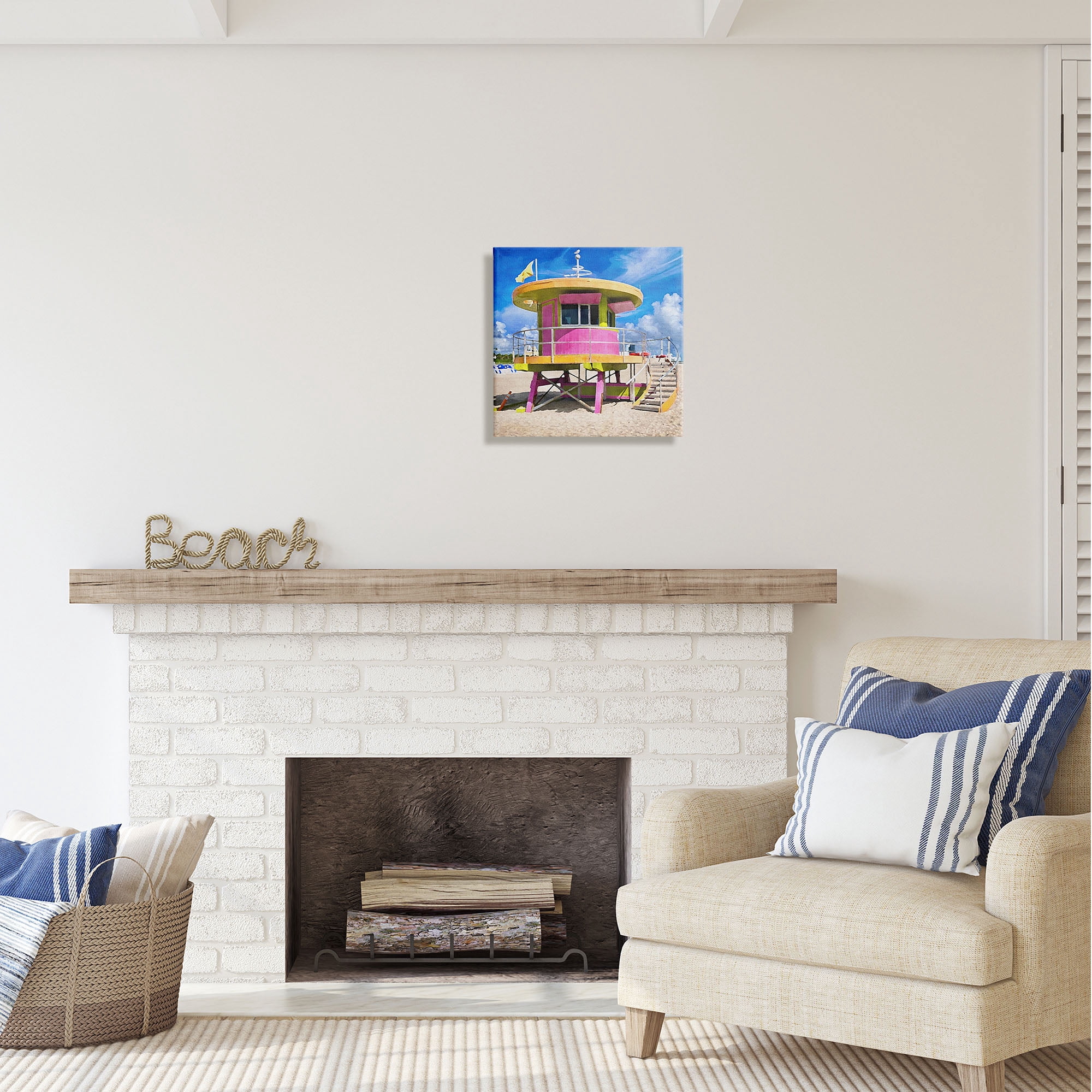 Stupell Industries Pink Lifeguard Hut Nature Painting Gallery Wrapped Canvas Print Wall Art, 17 x 17