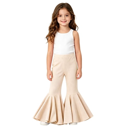 Ruyang Toddler Baby Girls Knit Flared Pants Solid Elastic Waist Stretchy Knit Ruffled Bell Bottom Kids Fashion Casual Trousers