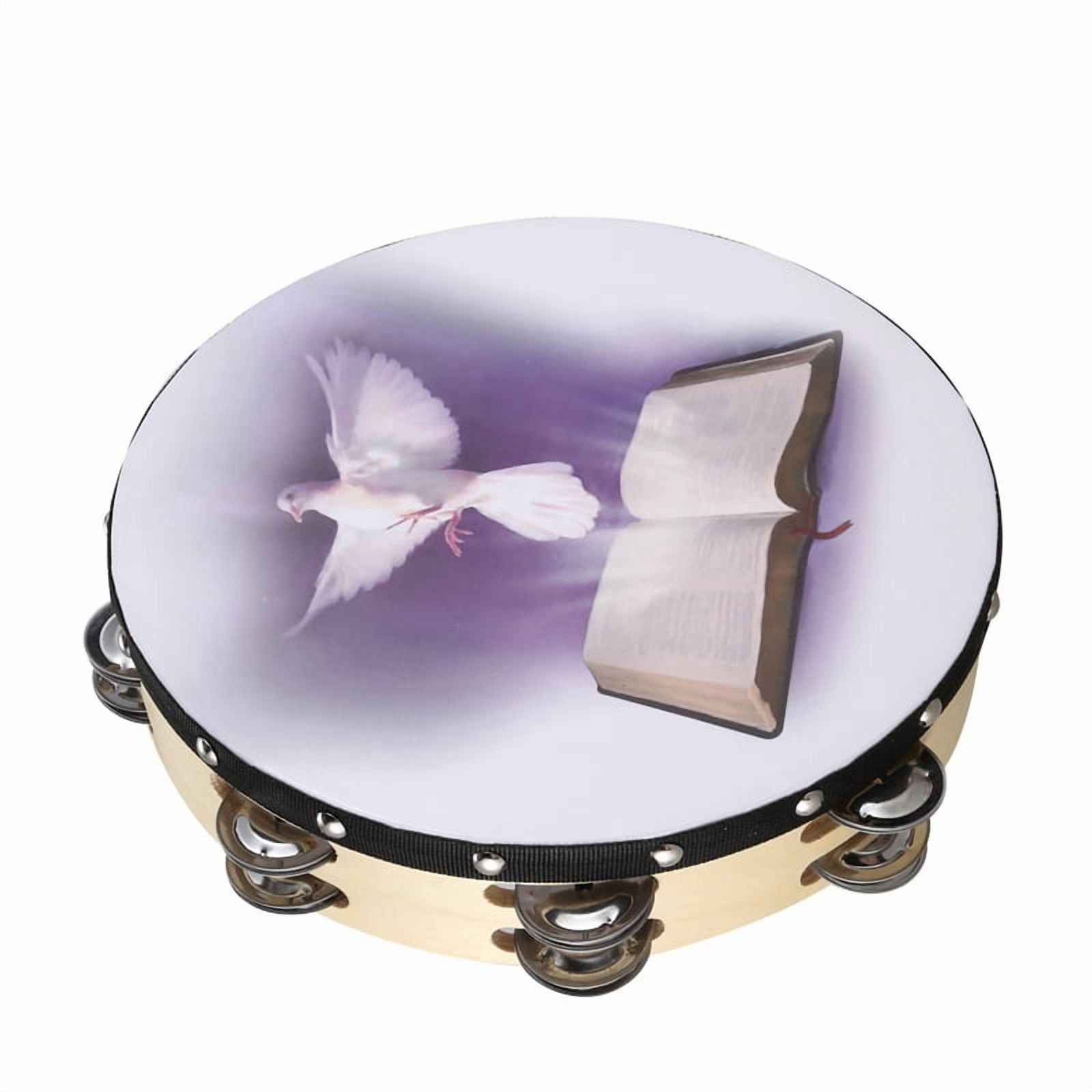 10 Inch Wooden Tambourine Pigeon Bible Music Percussion Instrument Tambourine Double Tambourine Row Jingle Percussion Instrument for Church