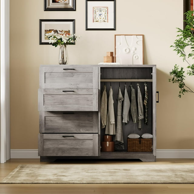 Garvee Armoire Garde-Robe de 43,3 Po H avec 4 Tiroirs et 2 Portes, Tringle, Gris