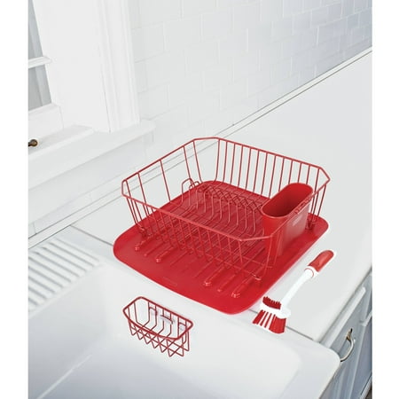 Rubbermaid Antimicrobial Sink Dish Rack Drainer Set, Red, 4-Piece Set