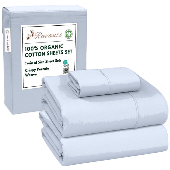RUVANTI 100% Organic Cotton Sheets - Twin XL Sheet Sets - 3 Piece Percale Weave Bedding, Crisp, Cooling & Breathable, Soft & Durable, 16" Deep Pocket, Hotel Quality Sábanas - Arctic Ice