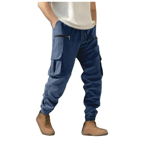 Pantalones de trabajo de color liso con cremallera para hombre: bolsillos grandes, cordones en los tobillos, estilo informal holgado, para negocios/deporte, poliéster, diseño con cintura ajustable.