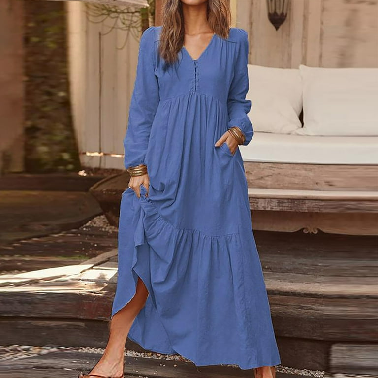 Mchoice Womens Fall Dresses Fashion Casual Long Sleeve Solid Color V Neck  Maxi Dress Flowing Long Skirts - Walmart.com