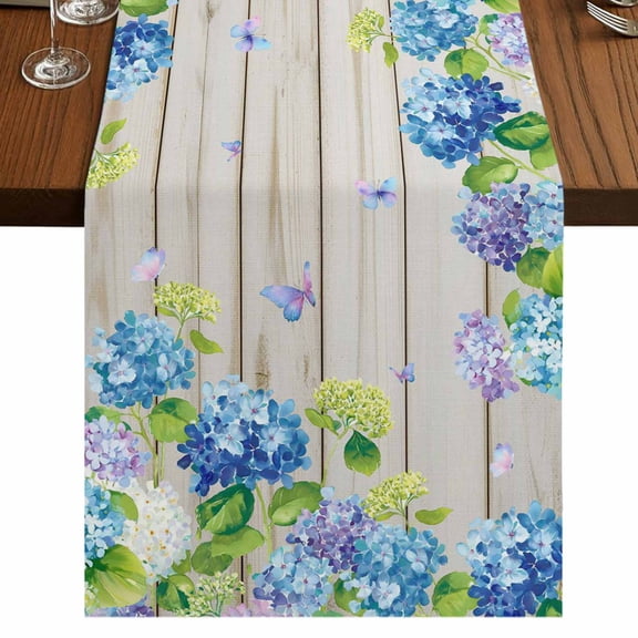 Table Runners 48 Inches Long Dress Scarves, Blue Hydrangea Farmhouse Kitchen/Dining Table Runner, Short Coffee Tablerunners, Rustic Wooden Butterfly Spring Floral 13x48 Inch