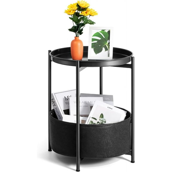 Small Side Table, Black Round End Table with Storage Basket, Metal Night Stand with Removable Tray, Small Bedside Table for Living Room, Bedroom, Nursery (Black)