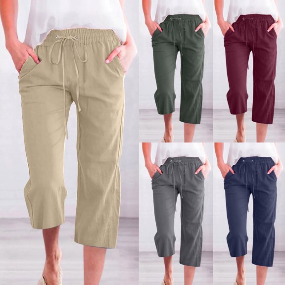 Lovzfmll Women's Capris, Linen Blend Cropped Pants with Drawstring & Pockets, Solid Color Straight Wide Leg Pants, Fall Fashion Outfits 2025
