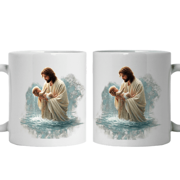 Lotusprinthandmade A New Life Christian Jesus Baptising Baby White Ceramic Mug (11oz) (Made In US), Faith-based Coffee Mug, Religious Faith Mug
