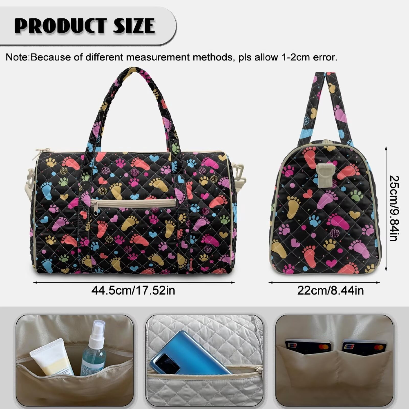 Pzuqiu Quilted Weekender Bag for Women, Large Capacity Puffy Duffle Bag with Colorful Paw Print, Lightweight Portable Carry-On Travel Tote Overnight Bags for Trips, Gym, Hospital