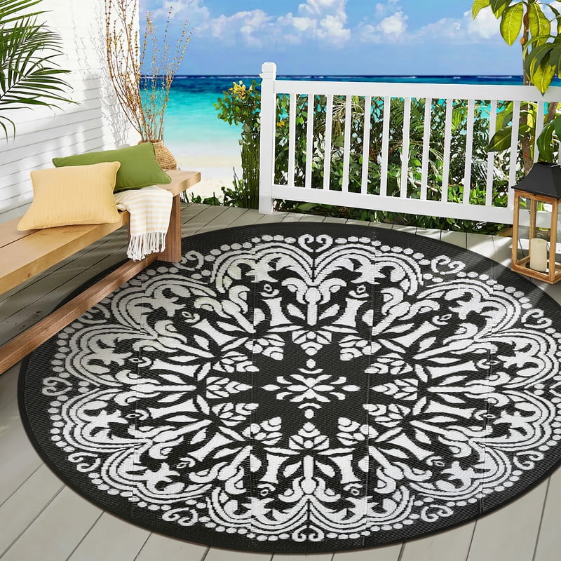 Aonewoe Round Outdoor Rugs 6Ft Waterproof Patio Plastic Straw Rug Reversible Camping Carpet Indoor Outdoor Area Rug for Patio,Deck,Balcony,Picnic,Beach,Outside