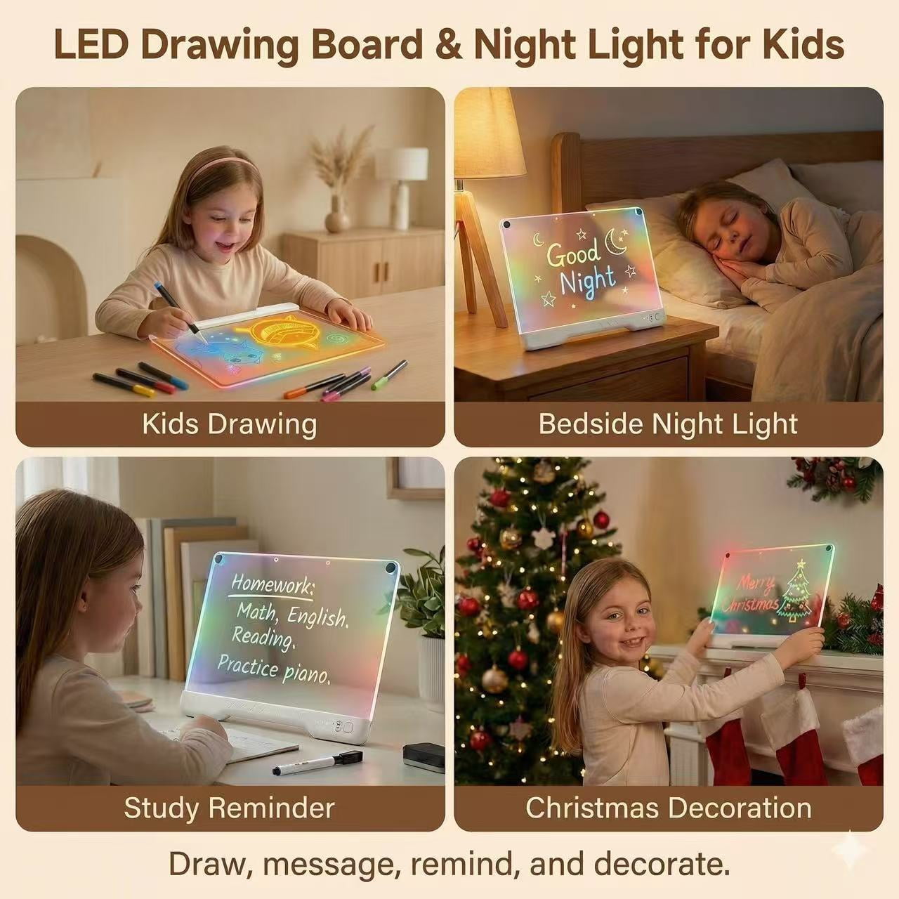 Vonieion 16 inch Rechargeable LED Drawing Board with 7 Markers & 10 Modes, Neon Art Dry Erase Light Up Drawing Pad with Built-in Stand, Sketching Gift Toy for Kids/Girls/Teens