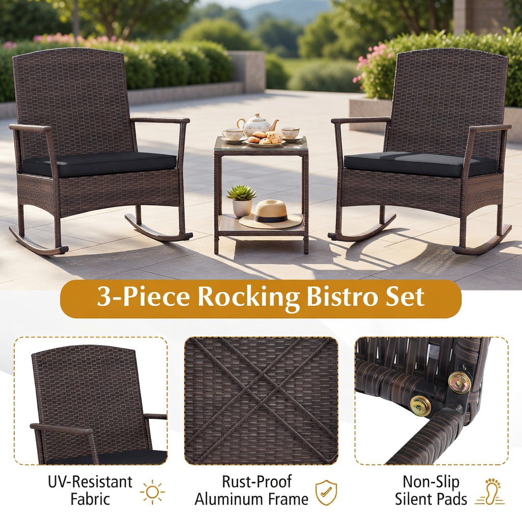 Hommoo 3-Piece Outdoor Rocking Bistro Set, PE Rattan Rocker Chairs + 2-Tier Tempered Glass Coffee Table, Black