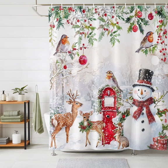 Shower Curtains for Bathroom, Christmas Waterproof Fabric Shower Curtain, Snowman Elk Snowflake Xmas Botanical Decorative Bathroom Curtain for Bathtub, 72"x84", No Hooks Included