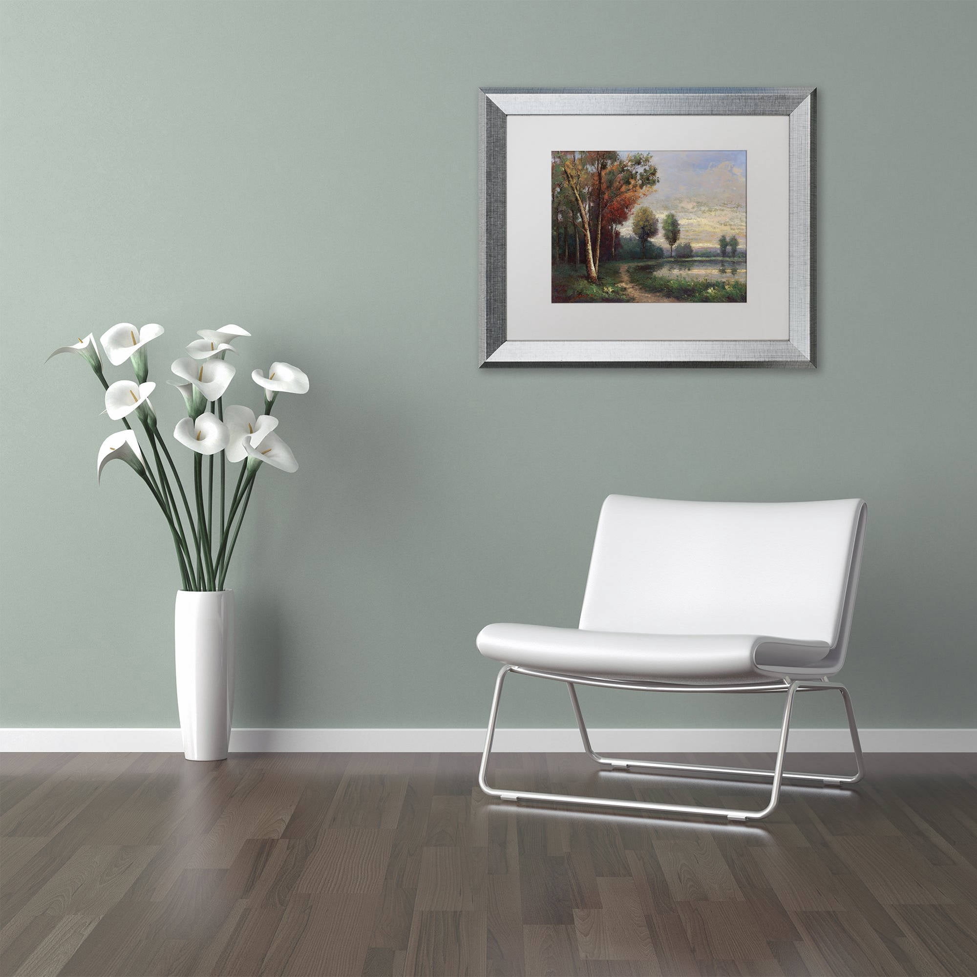 Trademark Fine Art "Landscape with a Lake" Canvas Art by Daniel Moises, White Matte, Silver Frame