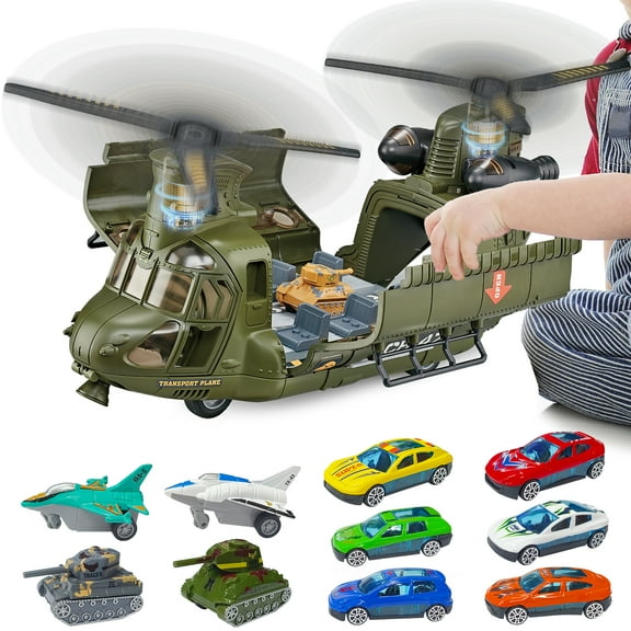 Fistone Military Helicopter Toys Set with Light, Sound, Plane, Tank and 6 Cars, Army Toys Christmas Birthday Party Gifts for Kids