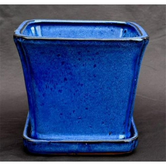 Bonsai Boy of   York L184f Blue Ceramic Bonsai Pot Square with Attached Humidity & Drip Tray - 5.25 x 5.25 x 5.5 in.