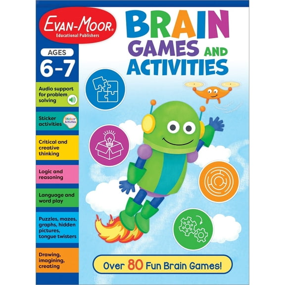Evan-Moor Brain Games and Activities, Age 6 - 7: Activity Book, Sticker Activities, Art Projects