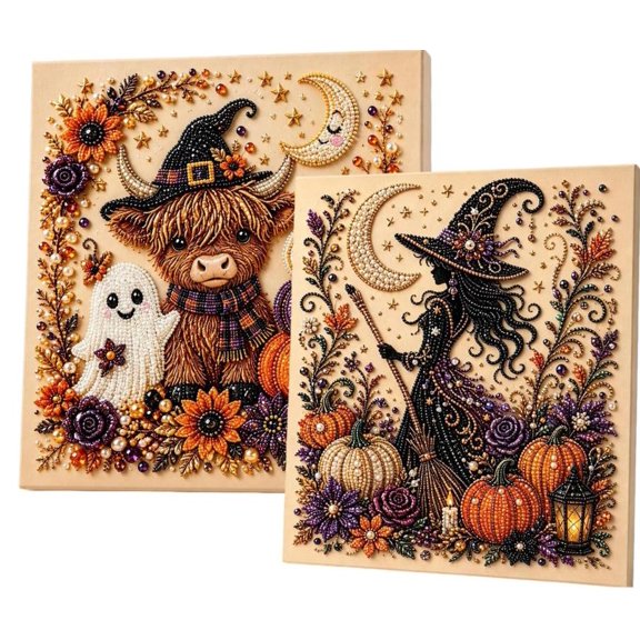 2026 Halloween Pearl Art DIY Kit Spooky Cute 3D Diamond Painting Crafts for Adults DIY Fall Home Decor Wall Art Spooky Season Beaded Hobby Sets (2PCS)