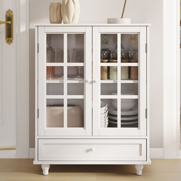 Minimalist White Buffet Cabinet with Double Glass Doors and Drawer, Modern Wooden Storage Sideboard Cupboard for Living room, Dining Room Hallway Entryway