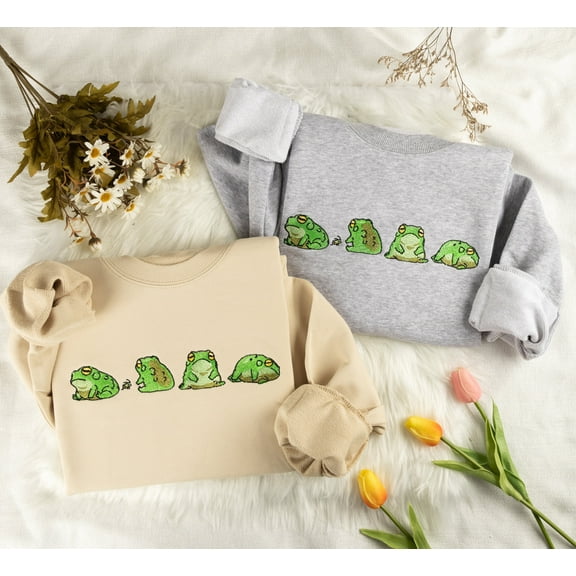 Frog Embroidered Sweatshirt: 100% Cotton Crew Neck Sweater