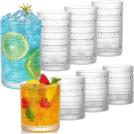 Drinking Glasses 8 Piece Glass Set 12oz Hobnail Drinking Glasses and 10oz Cocktail Glasses, Water Glasses Kitchen Glassware Vintage Glass Drinking Set for Whiskey, Juice, Cocktail, Beer